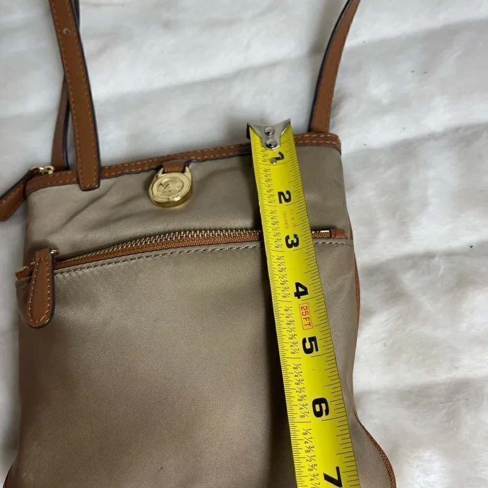 Michael Kors khaki Nylon crossbody bag with brown leather trim &adjustable strap